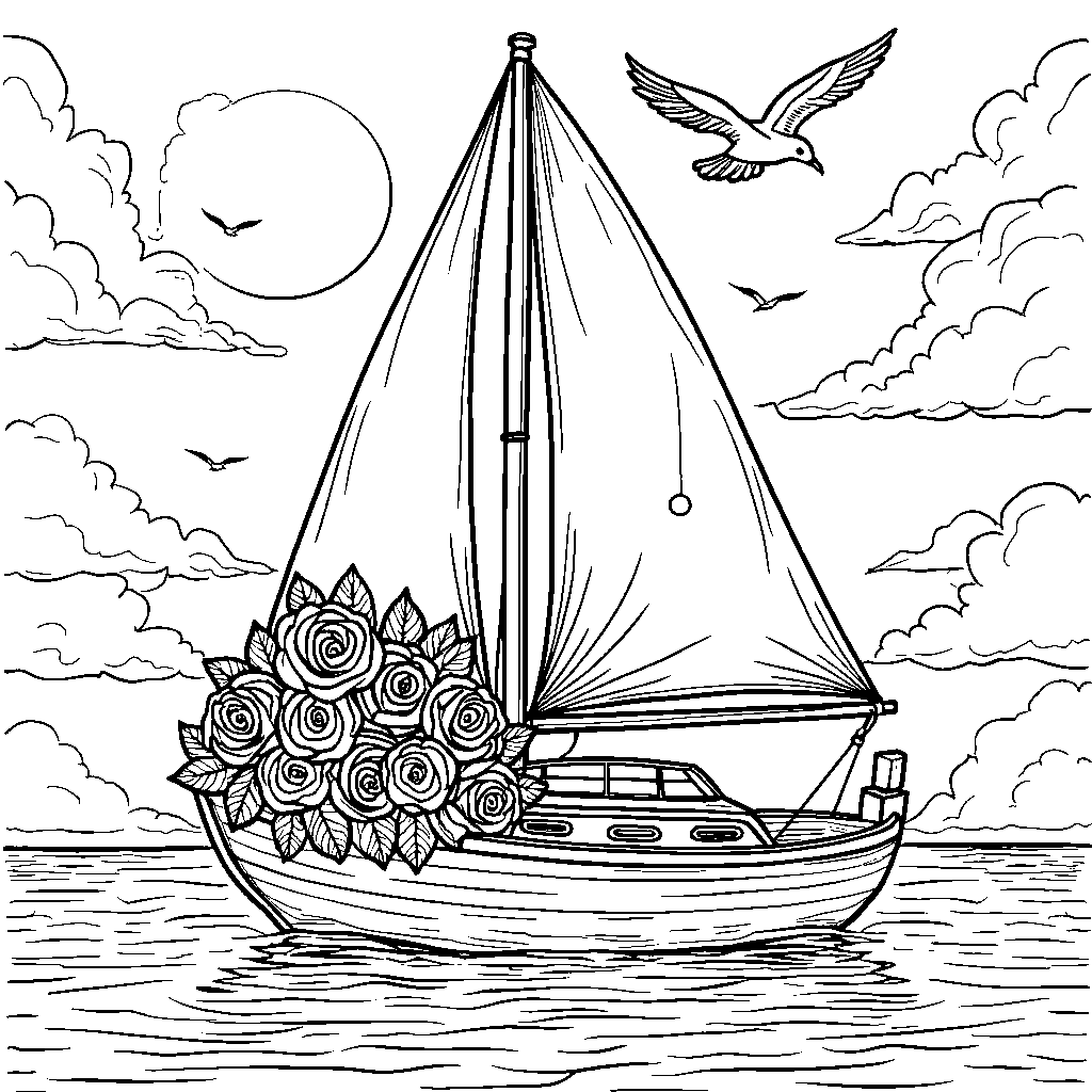 A bouquet of roses in a sailboat on the ocean