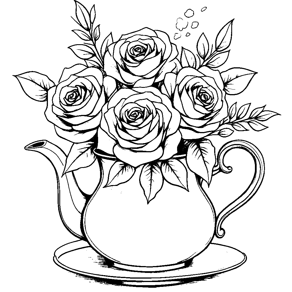 A bouquet of roses in a teapot with steam rising