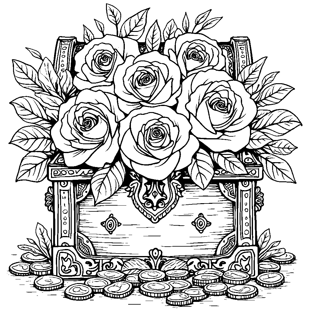 A bouquet of roses in a treasure chest with gold coins