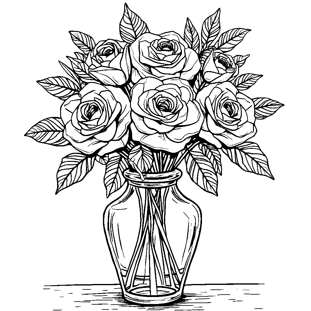 A bouquet of roses in a vase with a sunny background