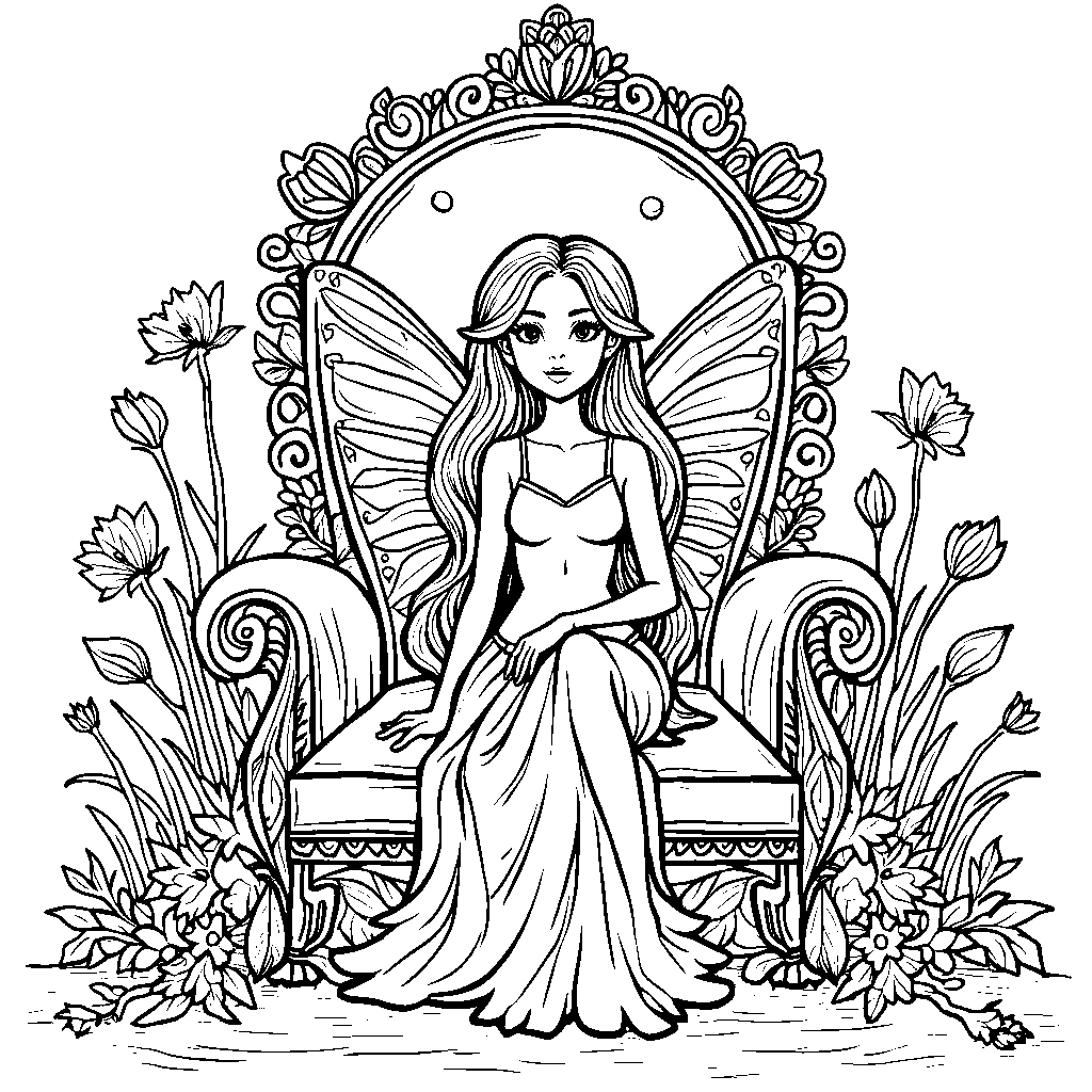 A fairy sitting on a rose petal throne