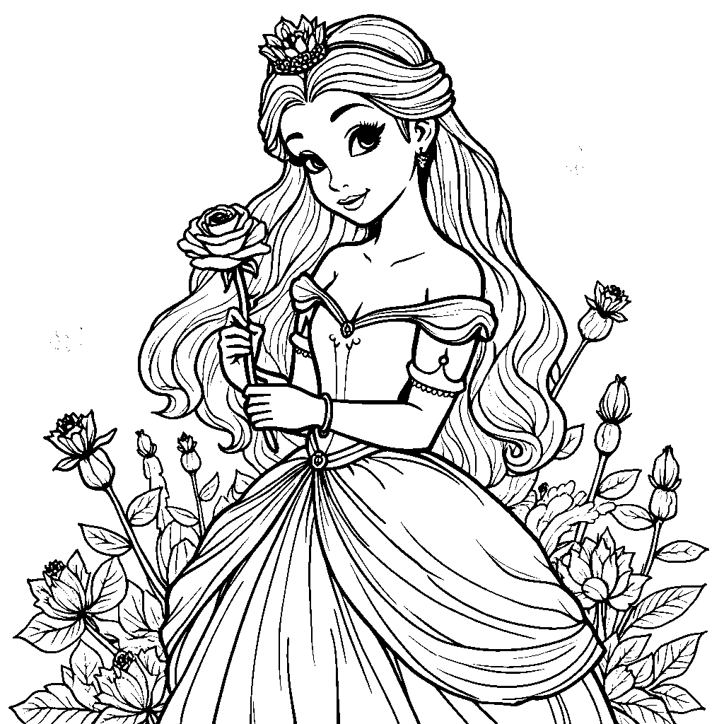 A princess holding a rose in a beautiful dress