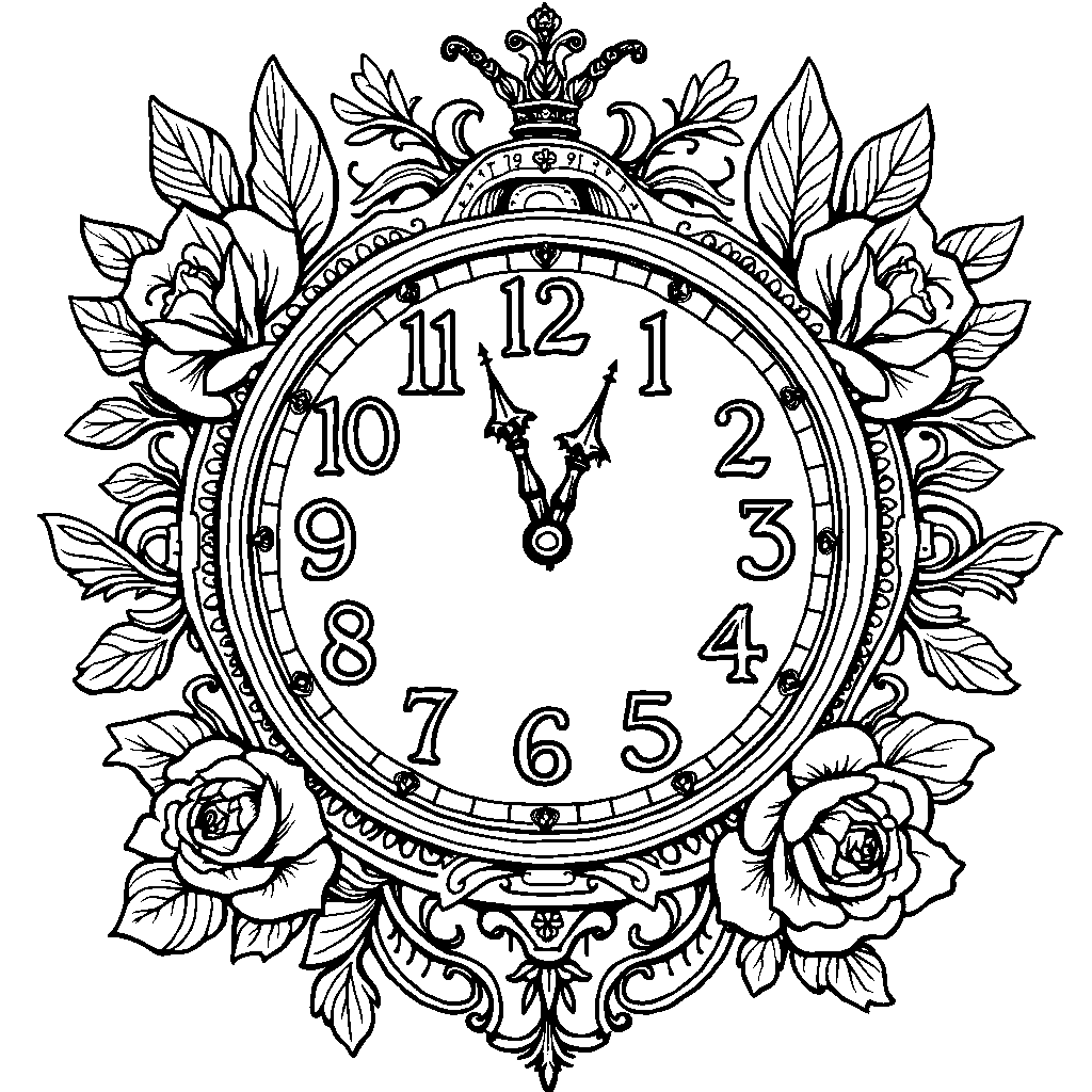 A rose-adorned clock with moving hands and numbers