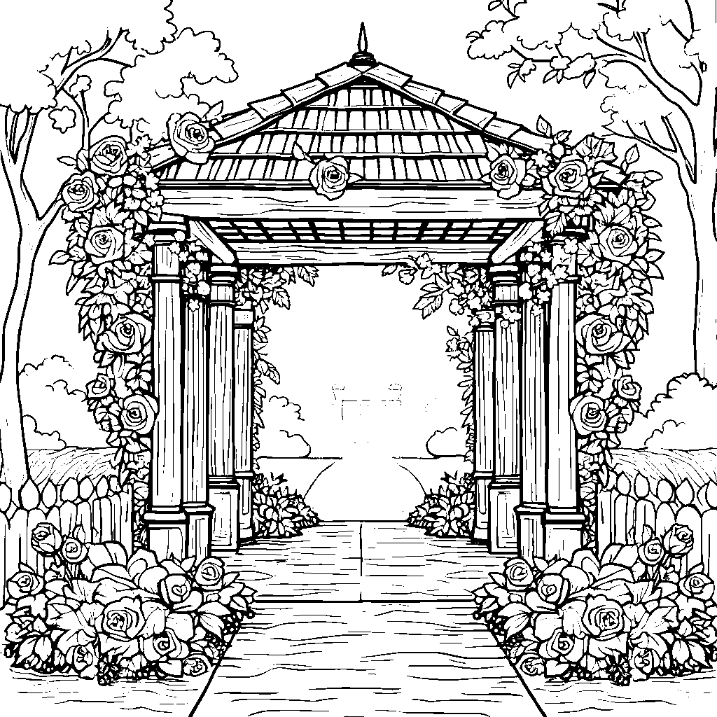 A rose-covered gazebo or pergola with vines