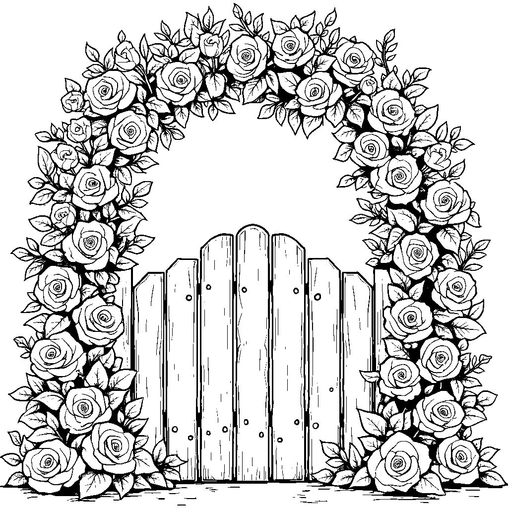 A rose garland draped over a fence or gate