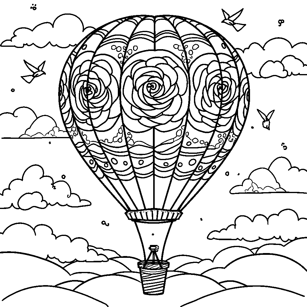 A rose-patterned hot air balloon flying high