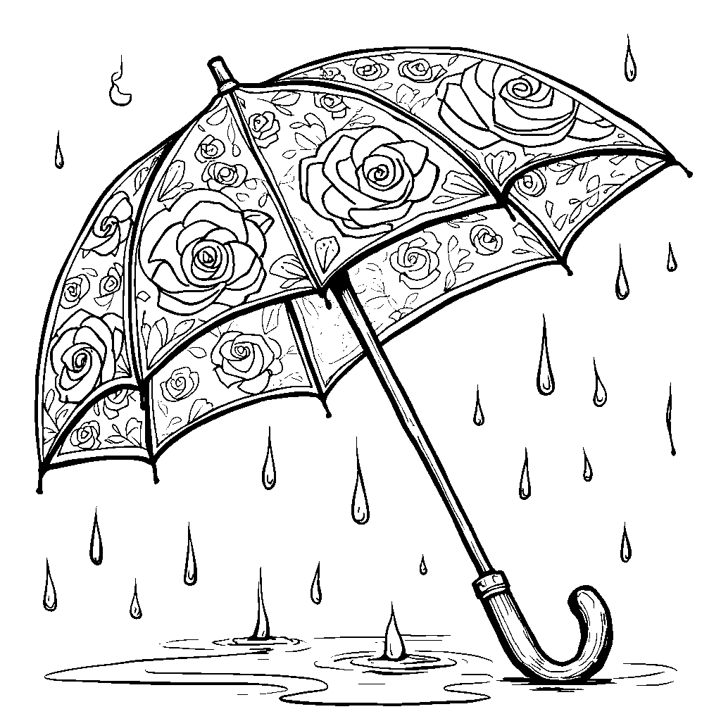 A rose-patterned umbrella with raindrops falling