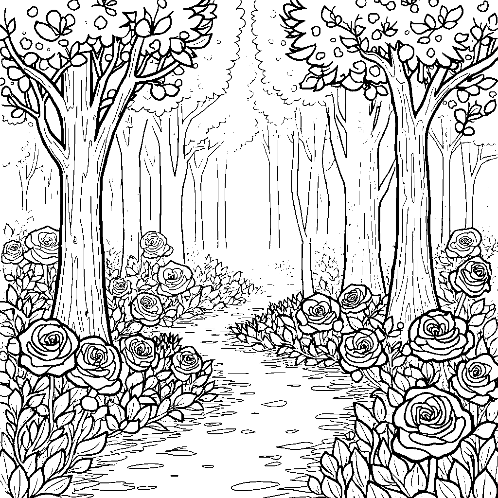 A rose-petal pathway leading to a magical forest