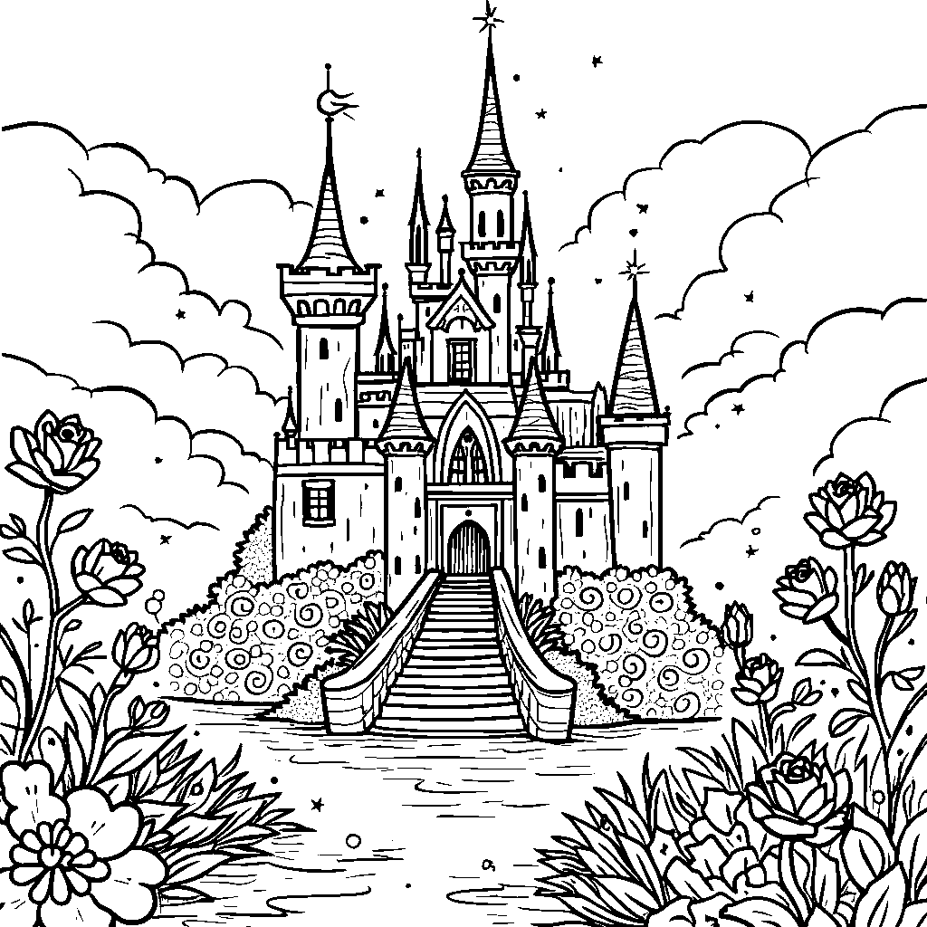 A rose-shaped castle with towers and a moat