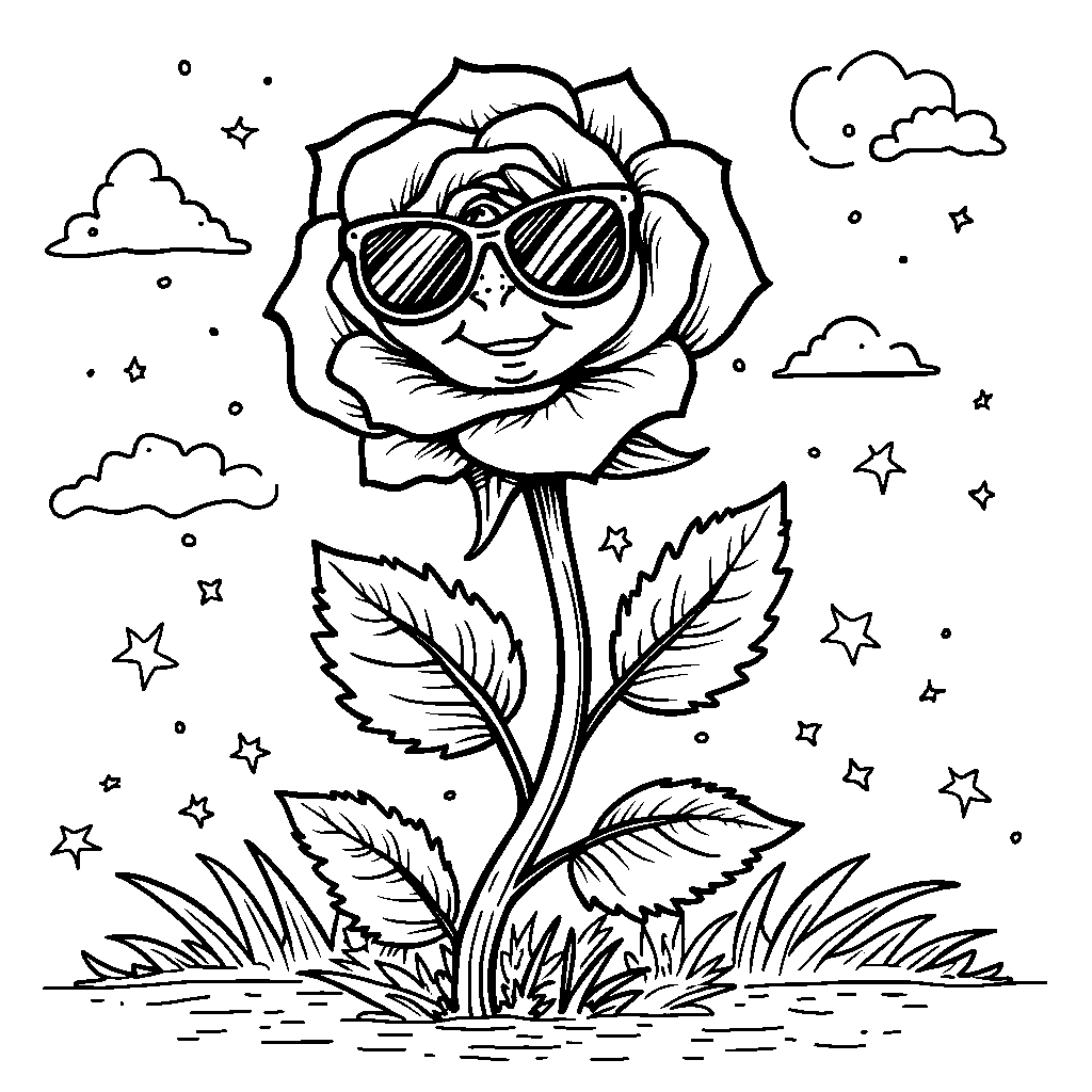 A rose stem with a smiling face and sunglasses