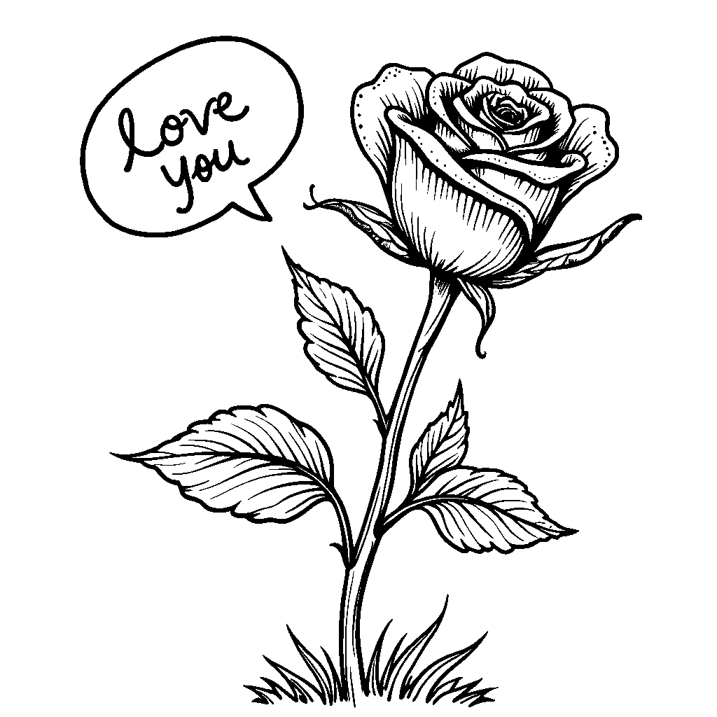 A rose stem with a speech bubble saying 'I love you'