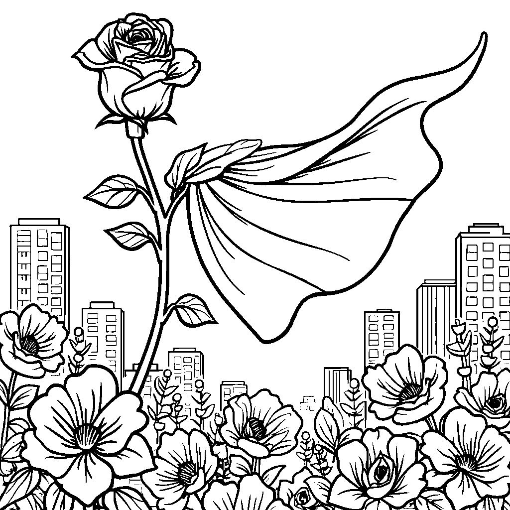 A rose stem with a superhero cape flying high