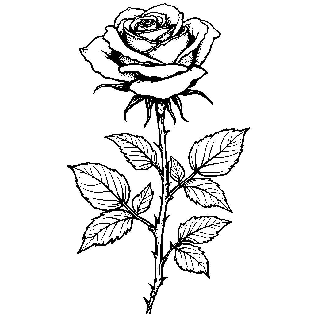 A single long-stemmed rose with leaves and thorns