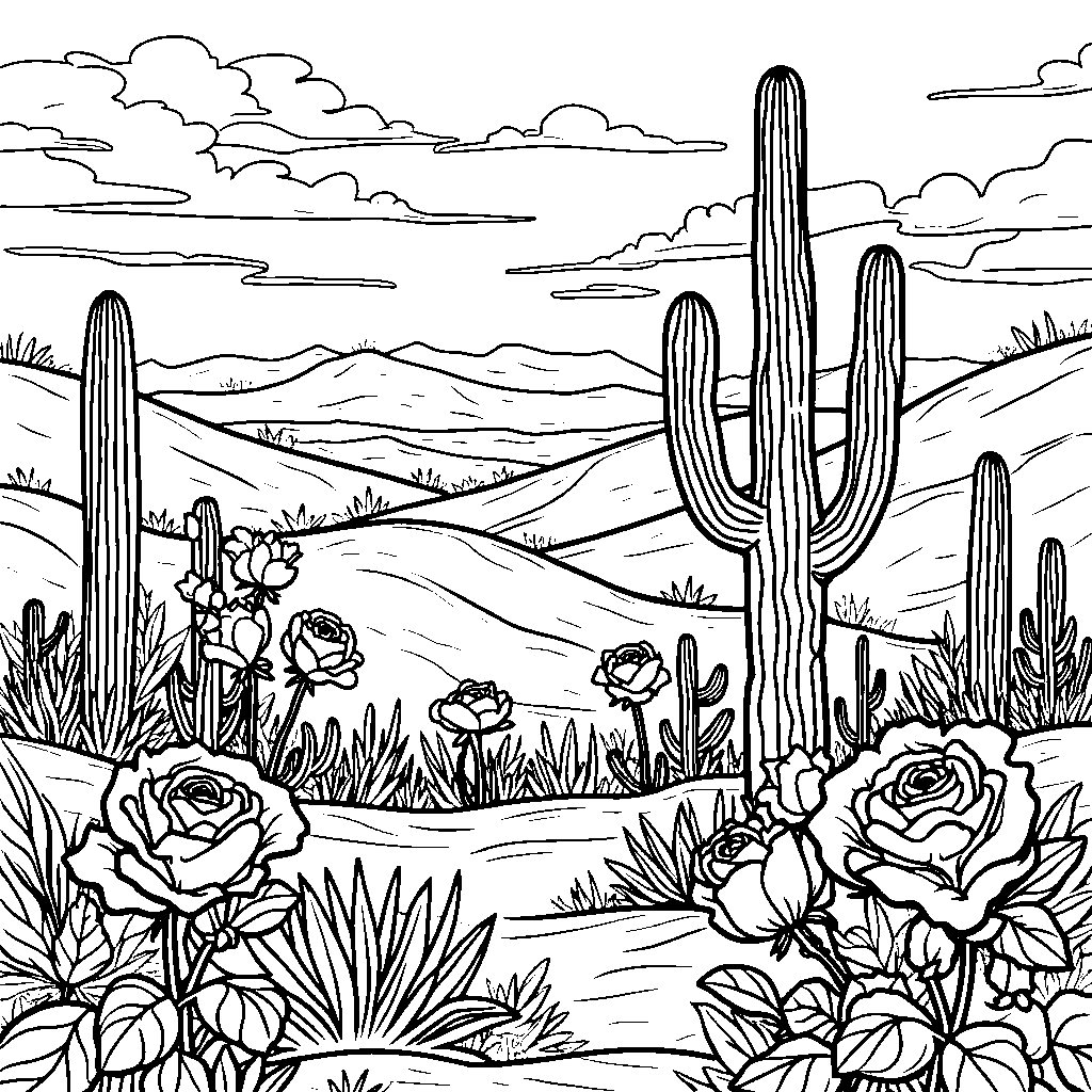 Roses blooming in a desert with cacti and sand