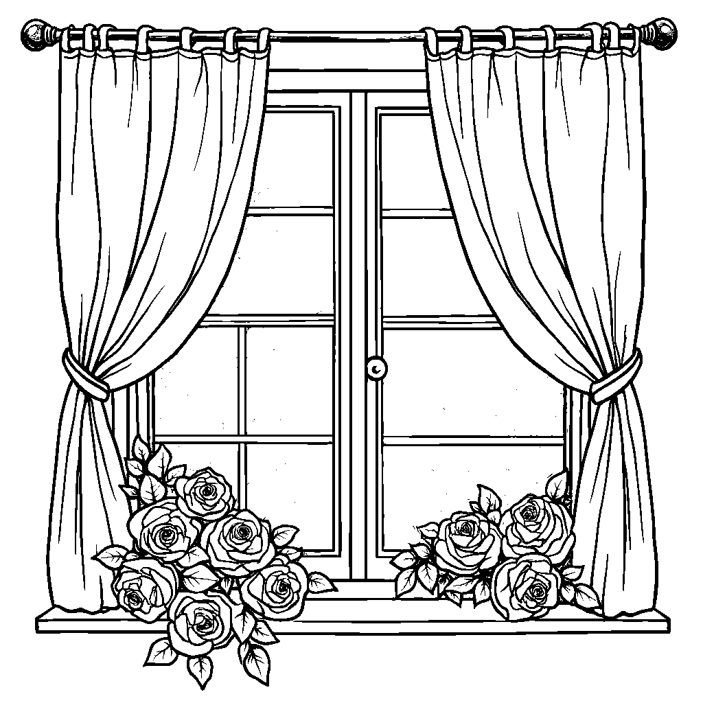 Roses blooming on a windowsill with curtains blowing