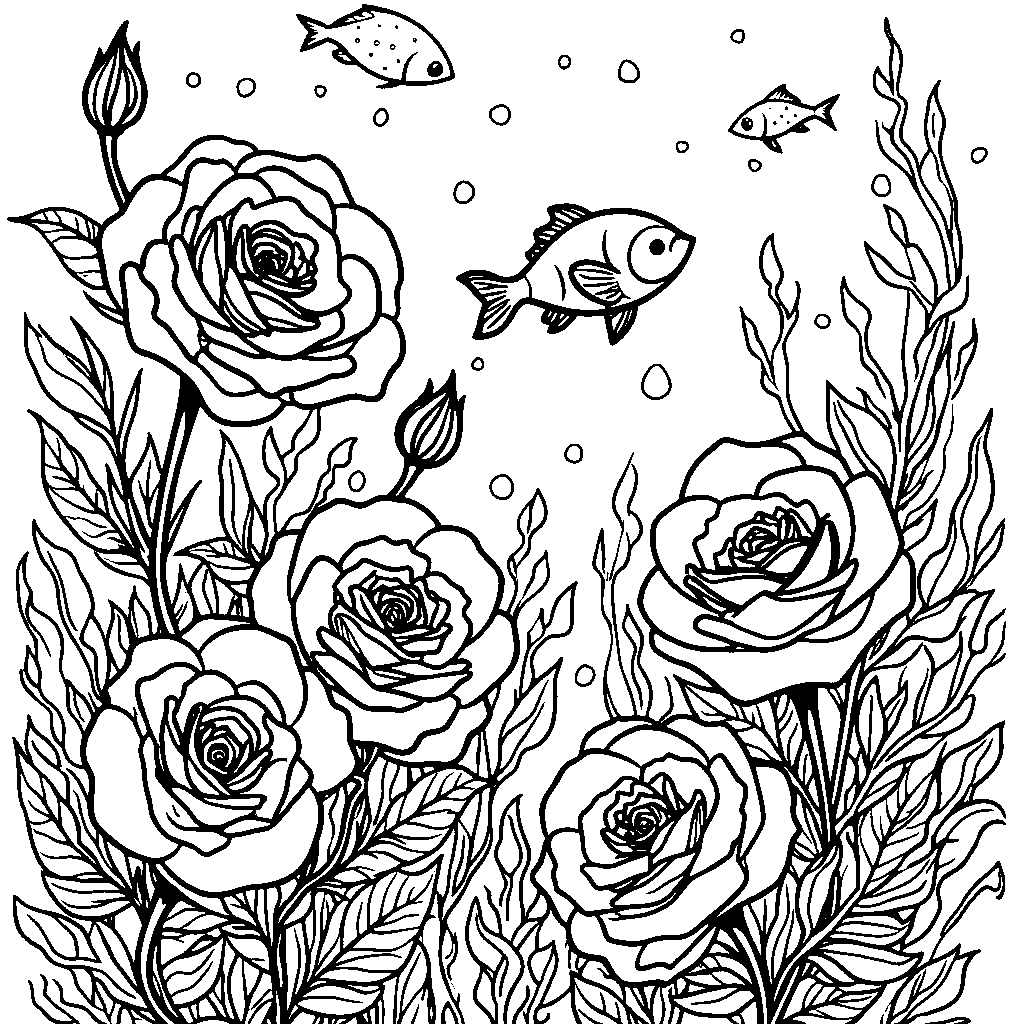 Roses blooming underwater with fish and seaweed