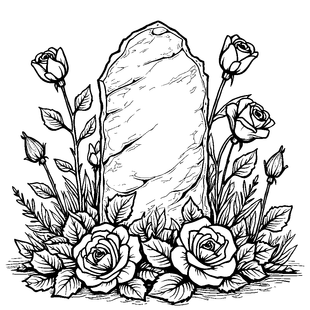 Roses growing around a stone statue or monument