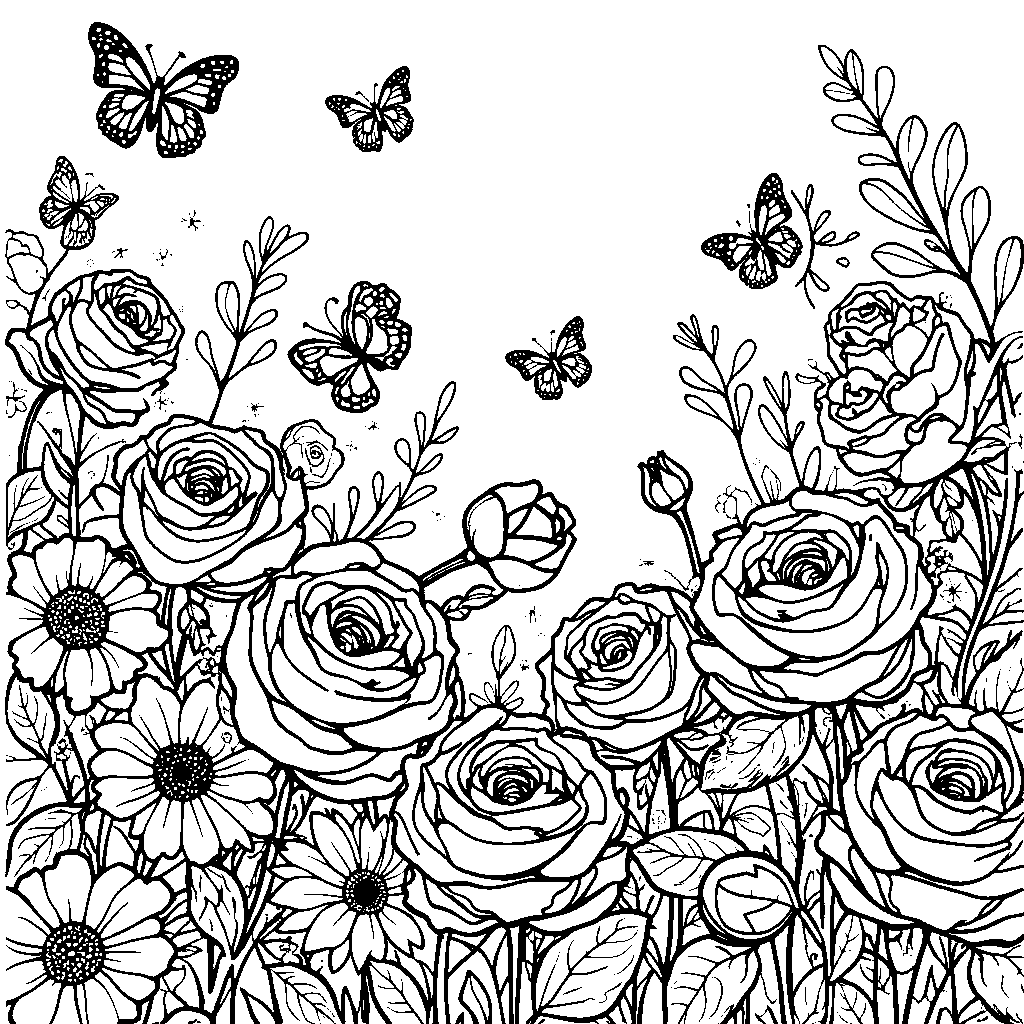 Roses growing in a garden with butterflies and bees