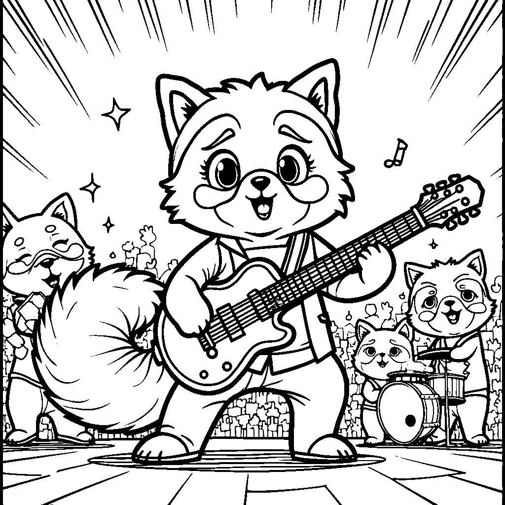 Aggretsuko playing a guitar in a rock band