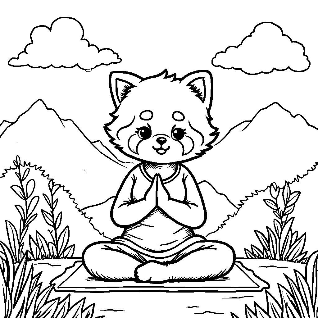 Aggretsuko practicing yoga on a mountaintop