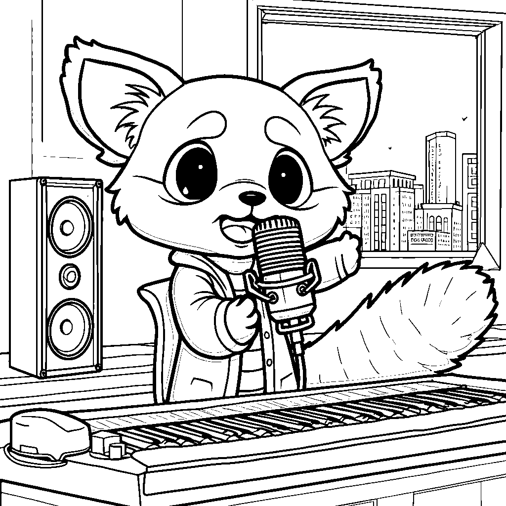 Aggretsuko singing in a recording studio