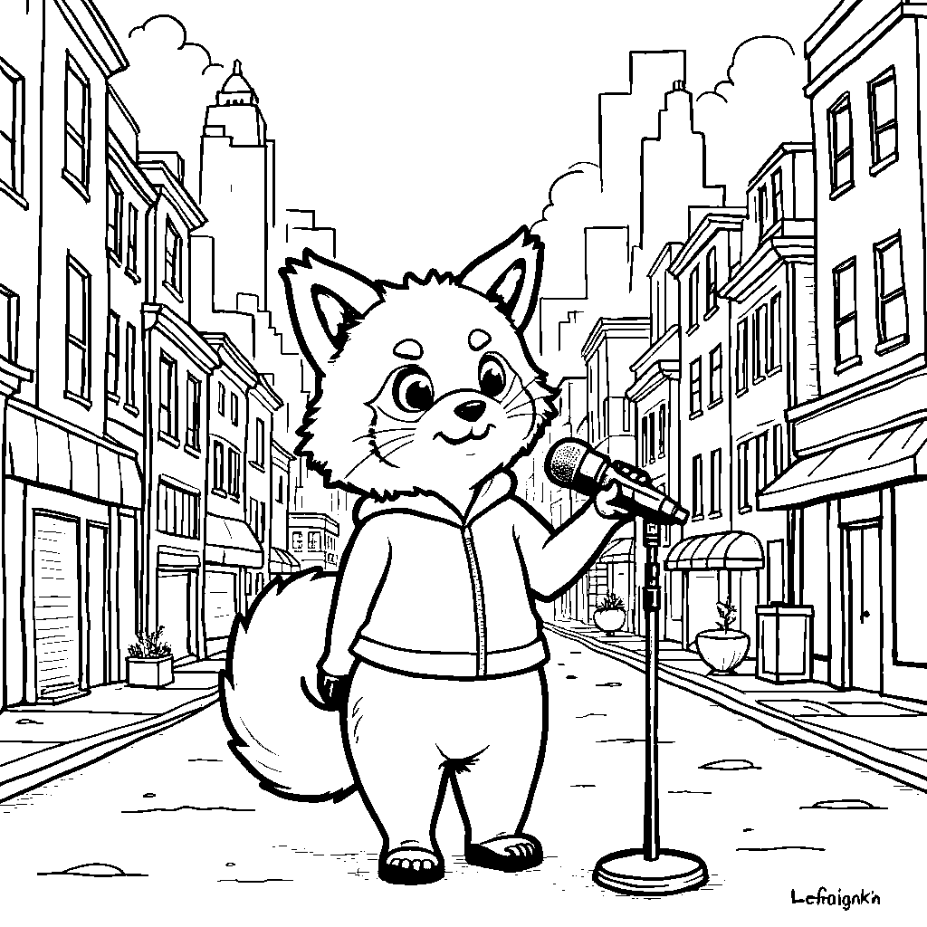 Aggretsuko singing into a microphone with a cityscape behind her