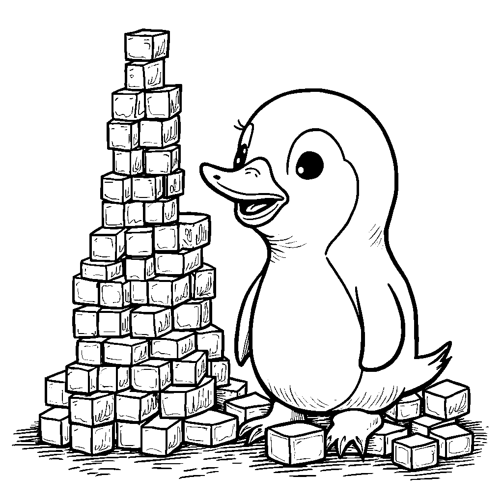 Badtz-Maru playing with a stack of blocks