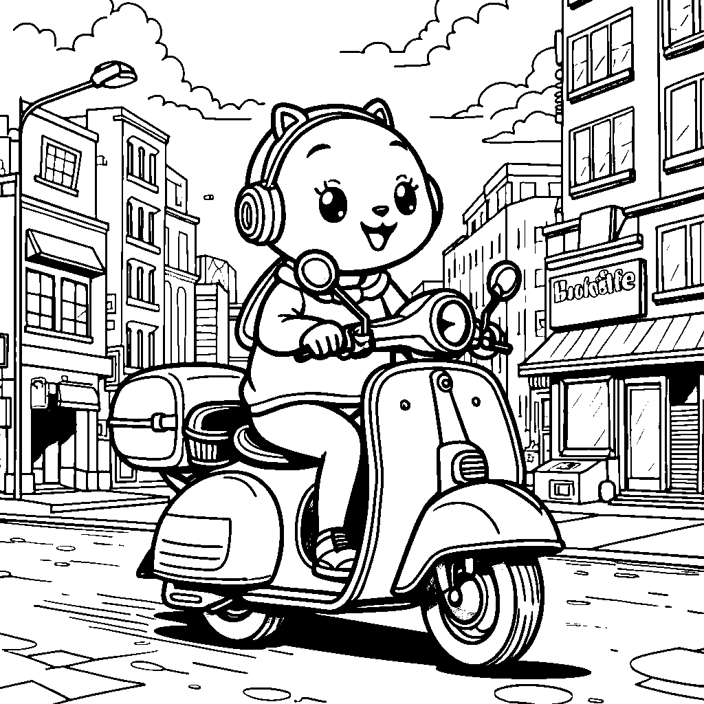 Badtz-Maru riding a scooter through a city