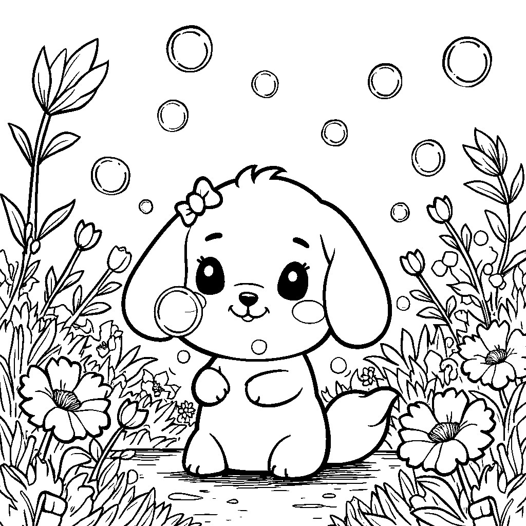 Cinnamoroll blowing bubbles in a spring garden