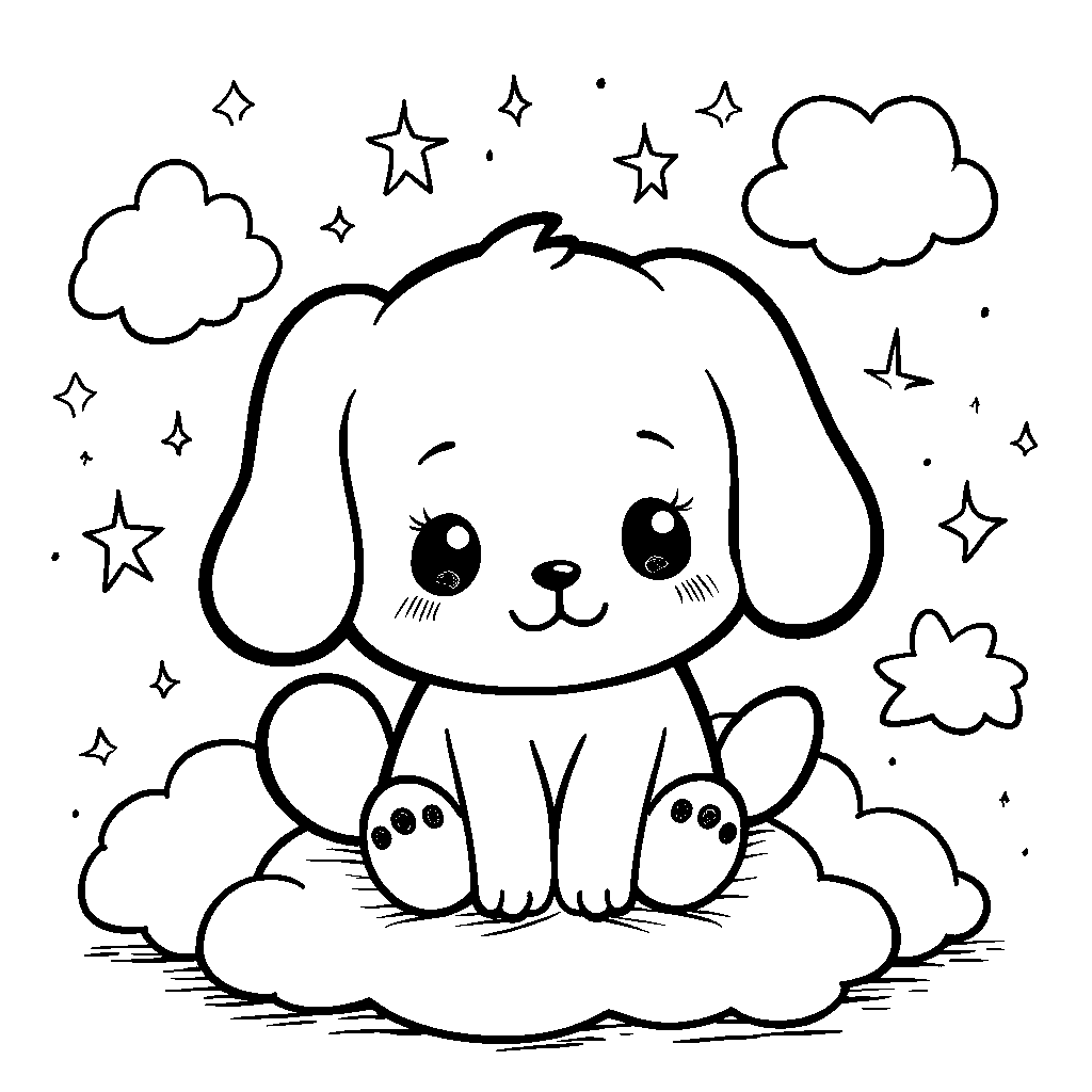 Cinnamoroll surrounded by fluffy white clouds and sparkly stars