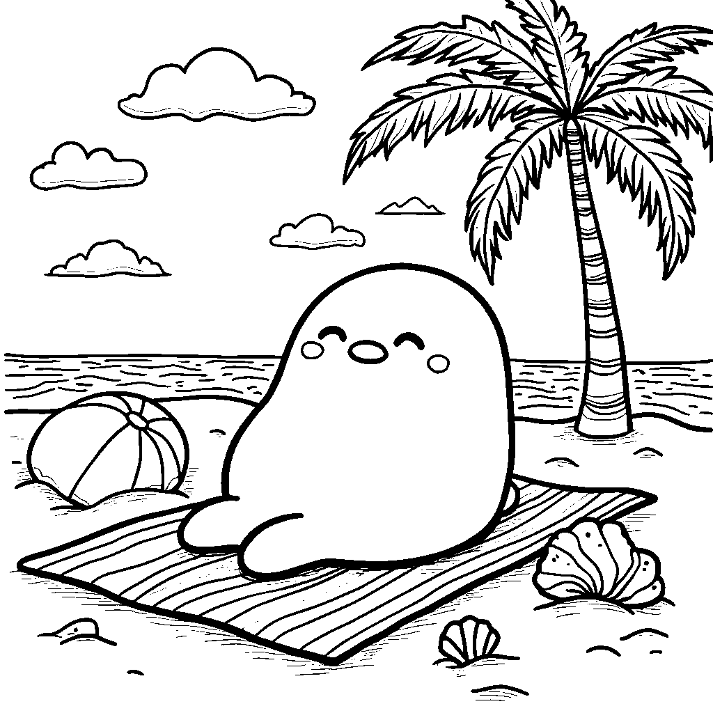 Gudetama lounging on a beach towel under a palm tree