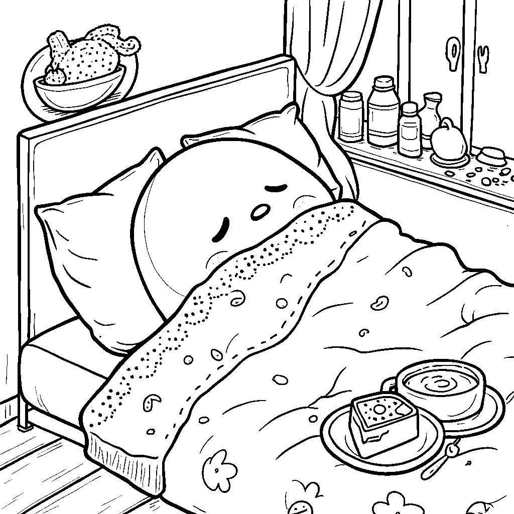 Gudetama sleeping in a cozy bed