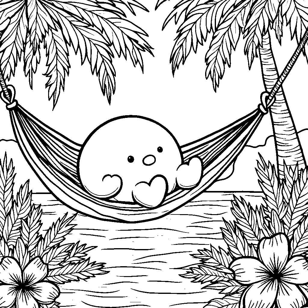 Gudetama taking a nap in a hammock surrounded by tropical flowers