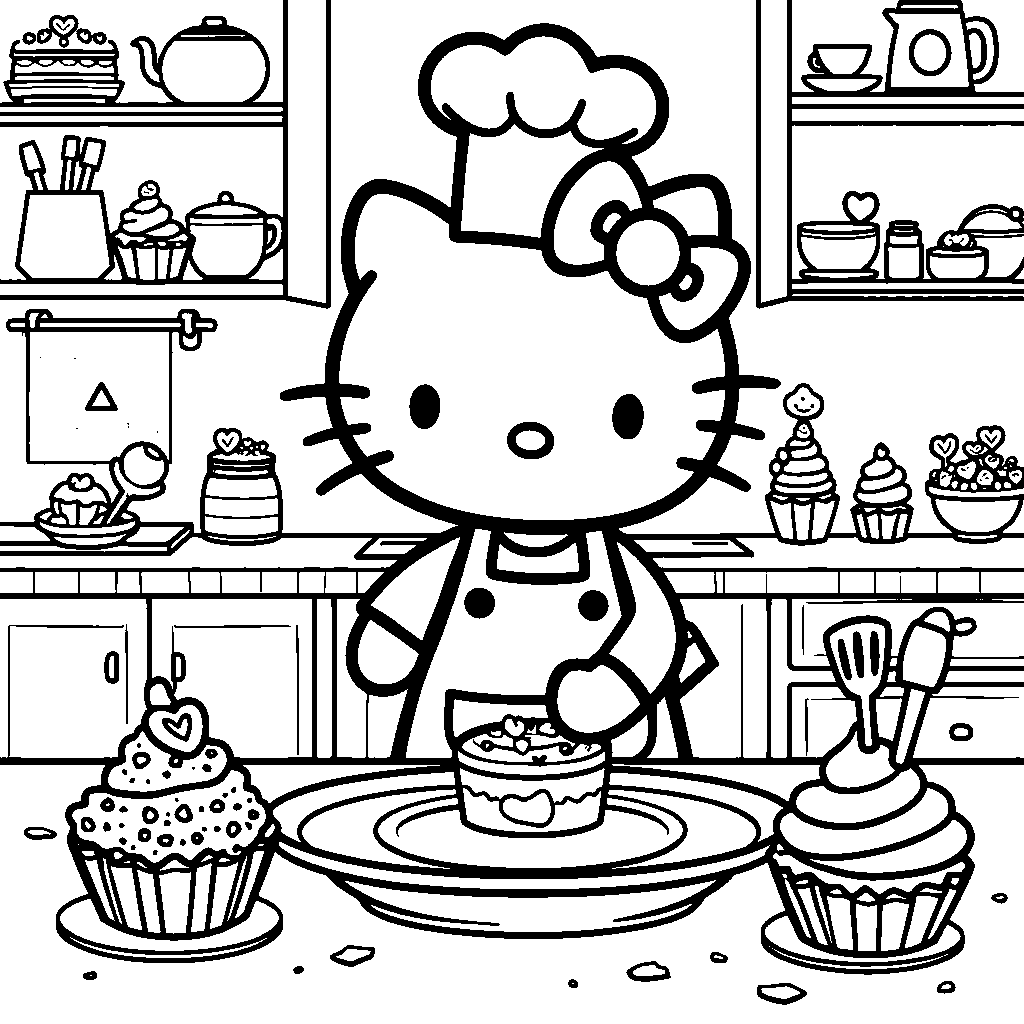 Hello Kitty baking cupcakes in a sweet-filled kitchen