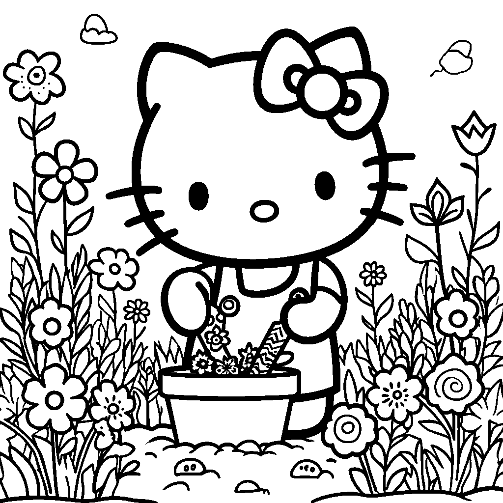 Hello Kitty planting a garden with her favorite flowers