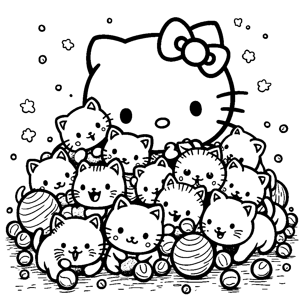 Hello Kitty playing with a ball of kittens