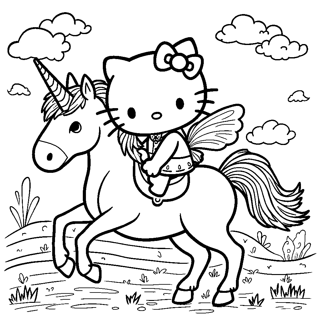 Hello Kitty riding a unicorn through a rainbow-colored sky