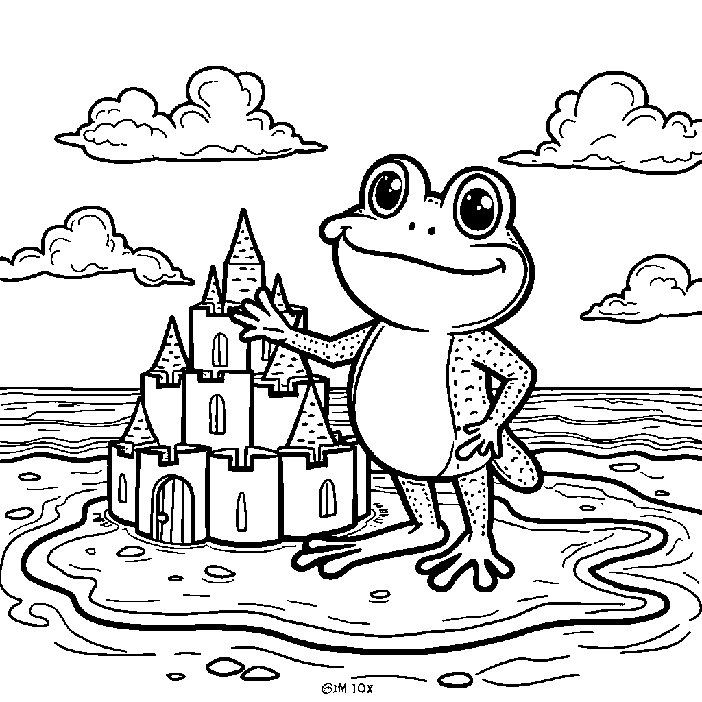 Keroppi building a sandcastle on a sunny beach