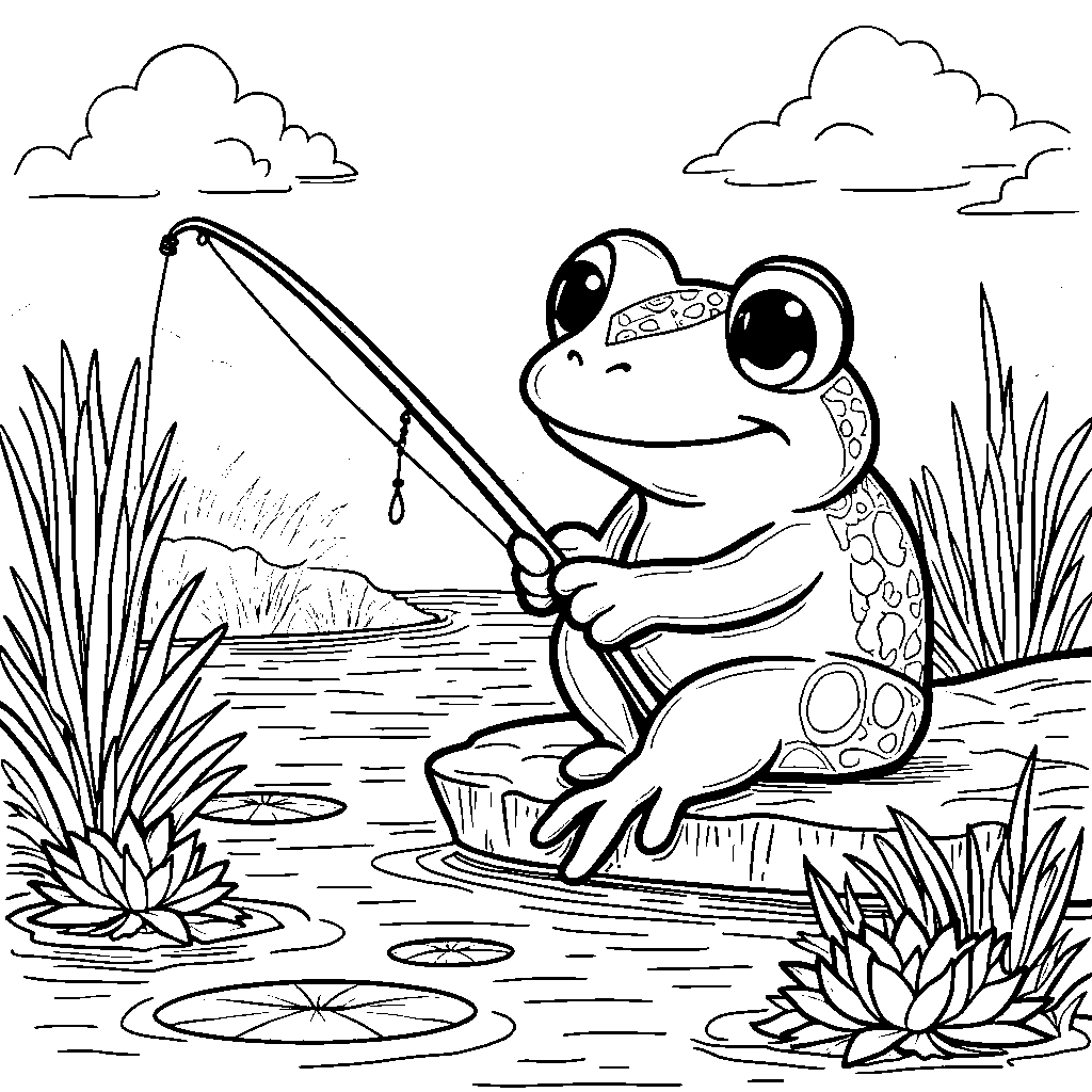 Keroppi fishing in a peaceful lake