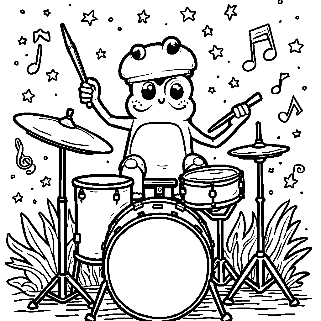 Keroppi playing drums in a funky band