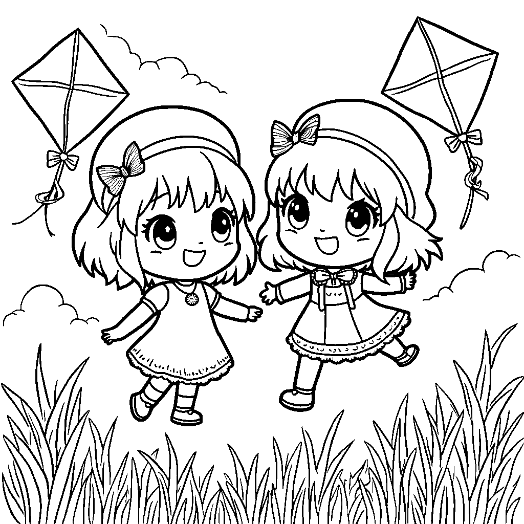 Little Twin Stars flying kites on a breezy day