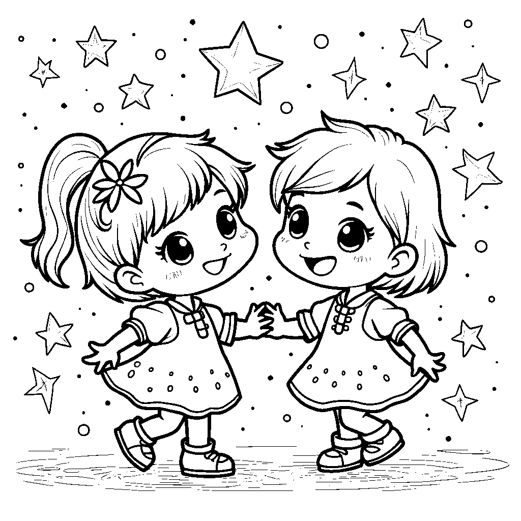 Little Twin Stars holding hands and dancing under a sparkly night sky