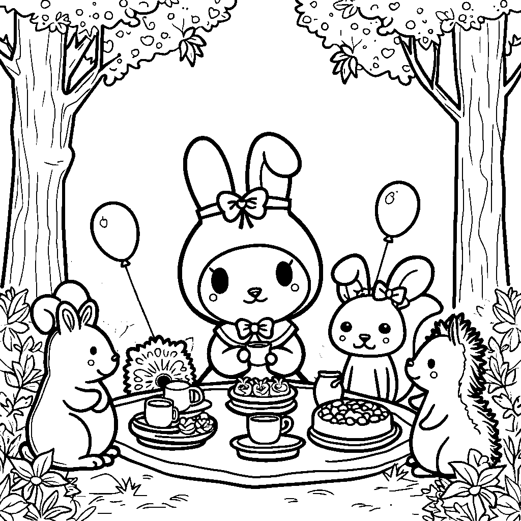 My Melody having a tea party with her animal friends