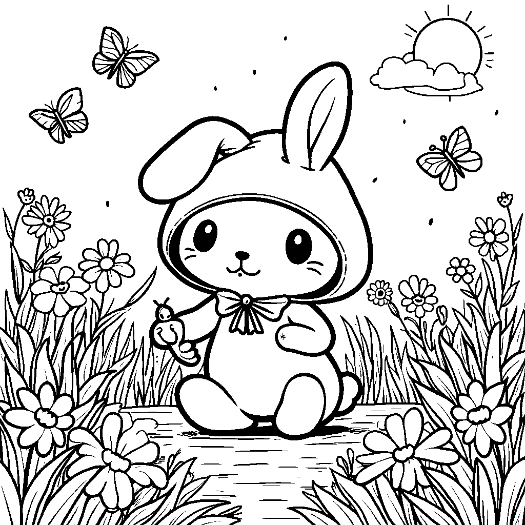 My Melody picking flowers in a sunny meadow