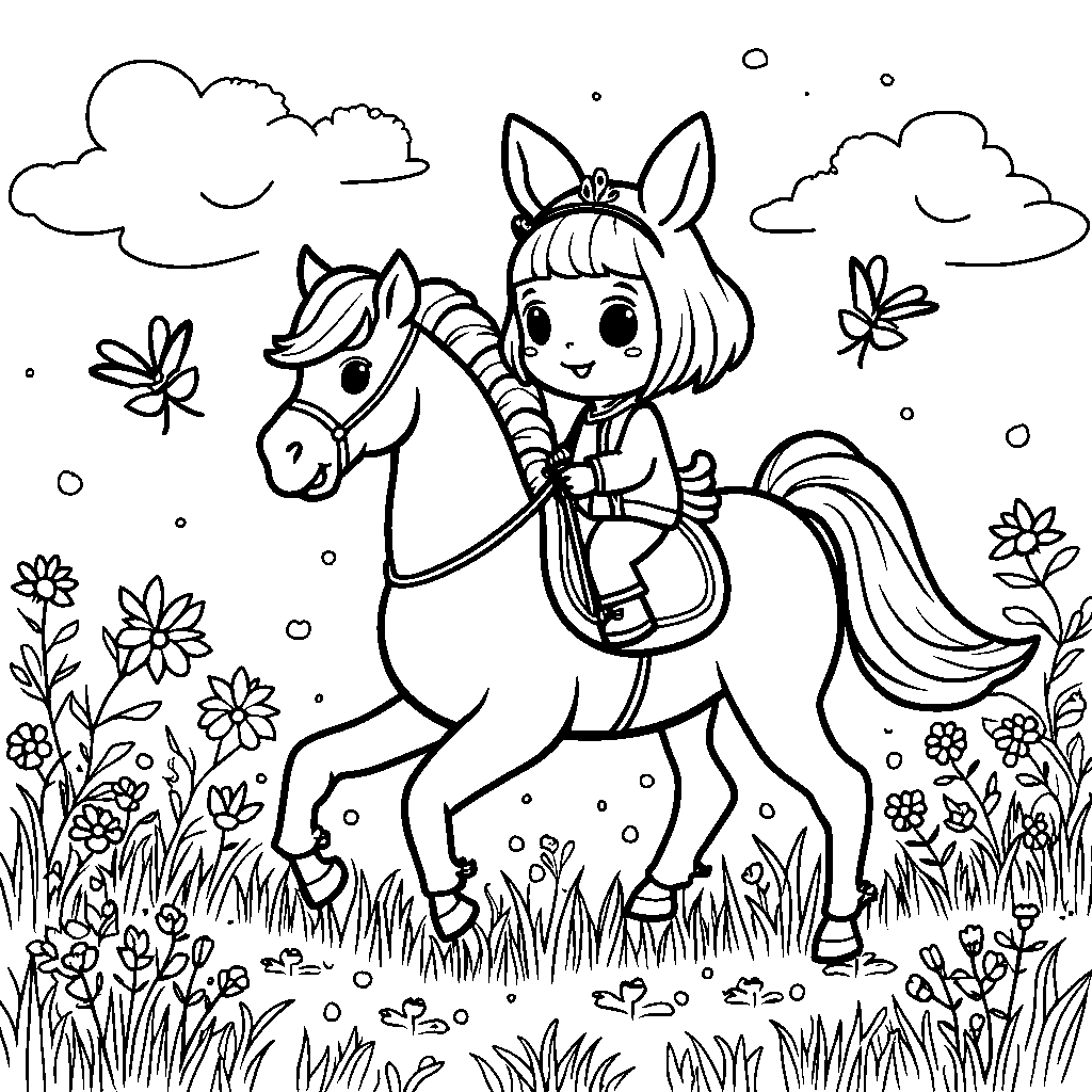 My Melody riding a horse through a green meadow