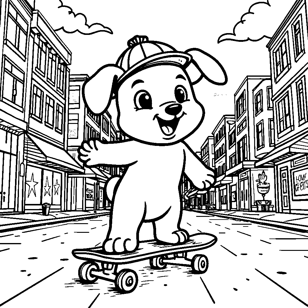 Pochacco riding a skateboard through a colorful city