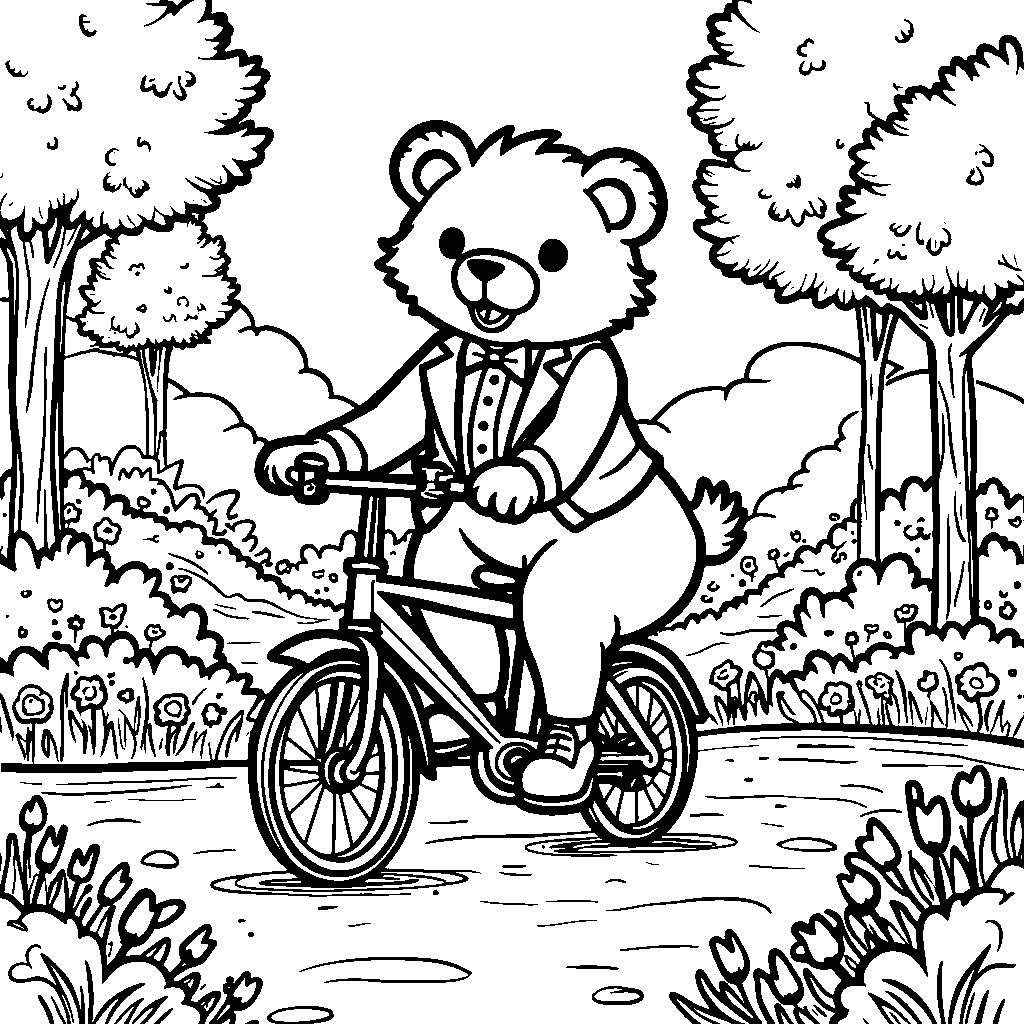 Tuxedo Sam riding a bicycle through a park