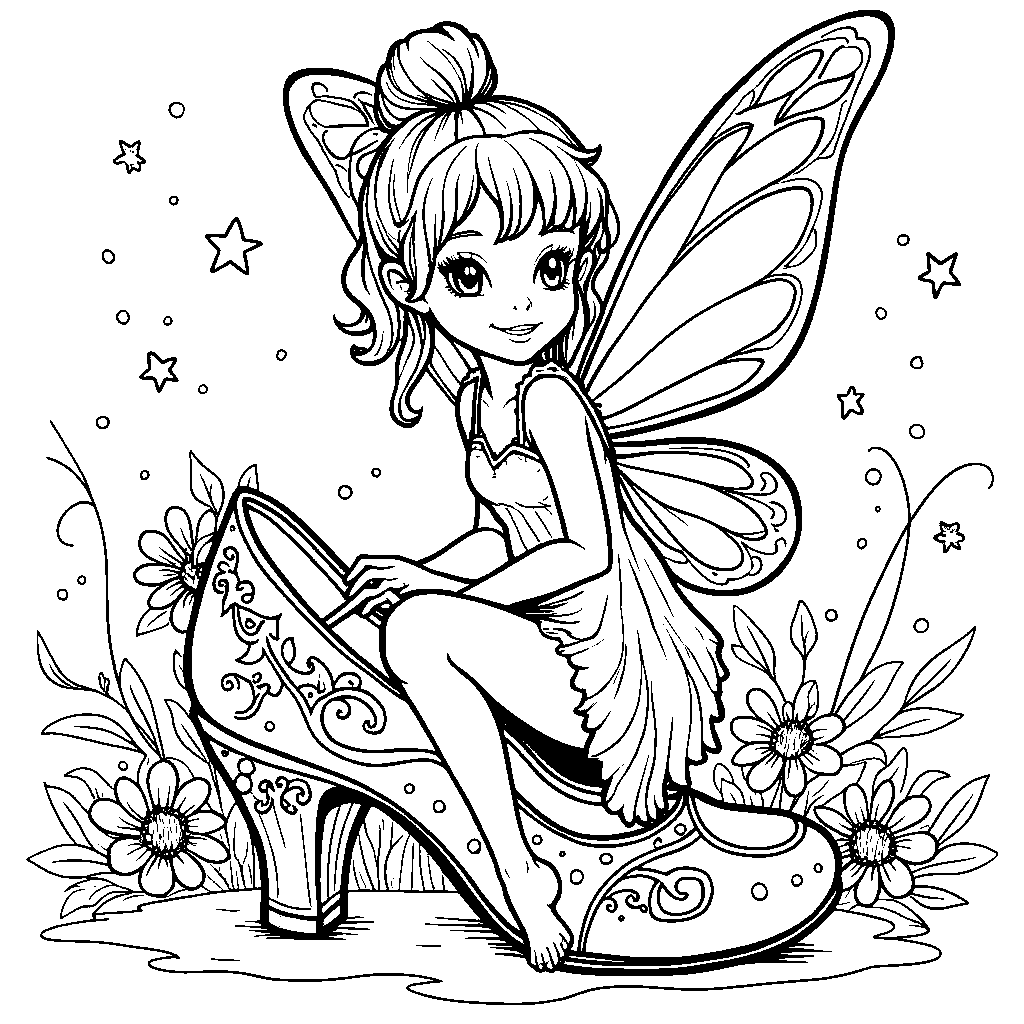 A fairy sitting on a tiny shoe