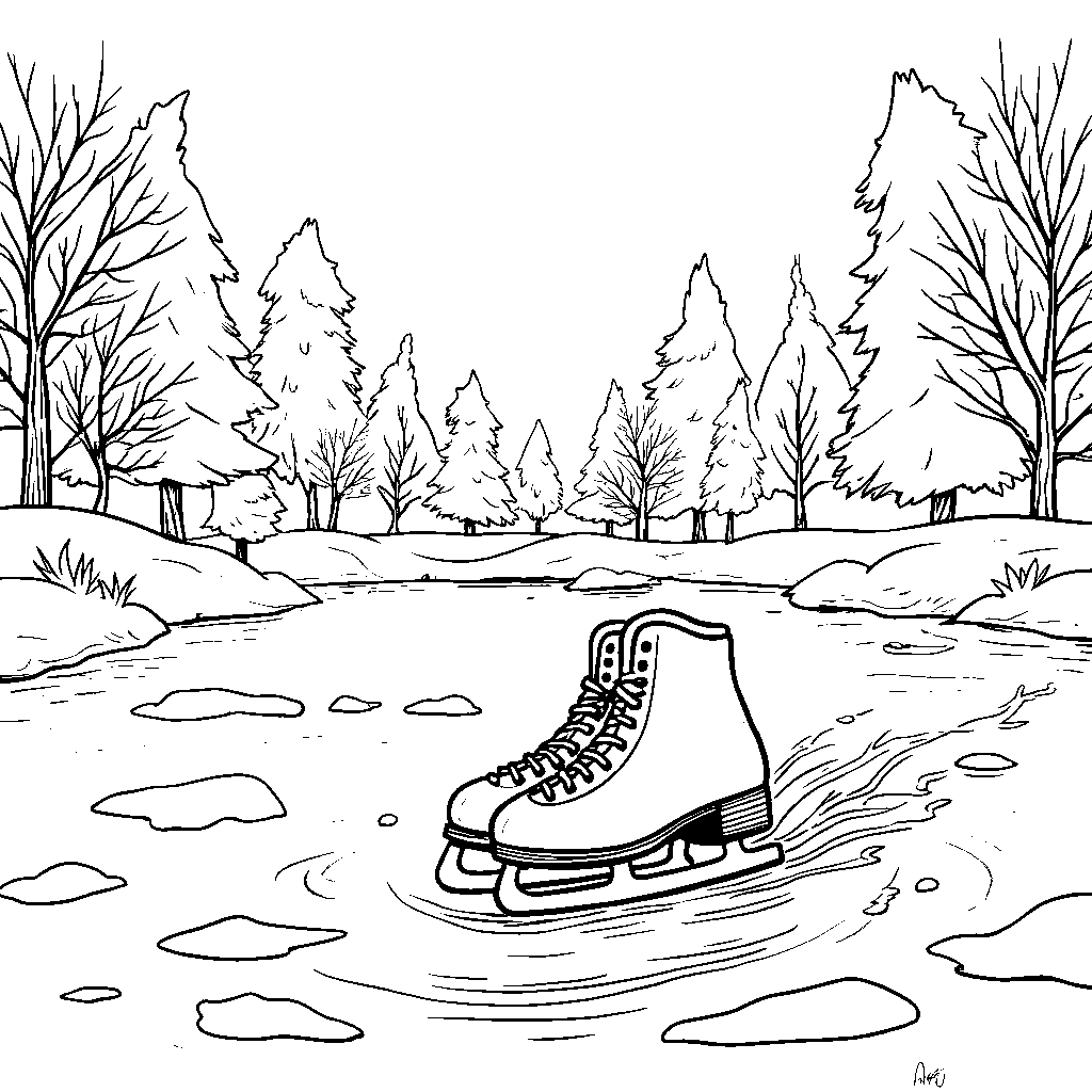 A pair of ice skates gliding on a frozen pond