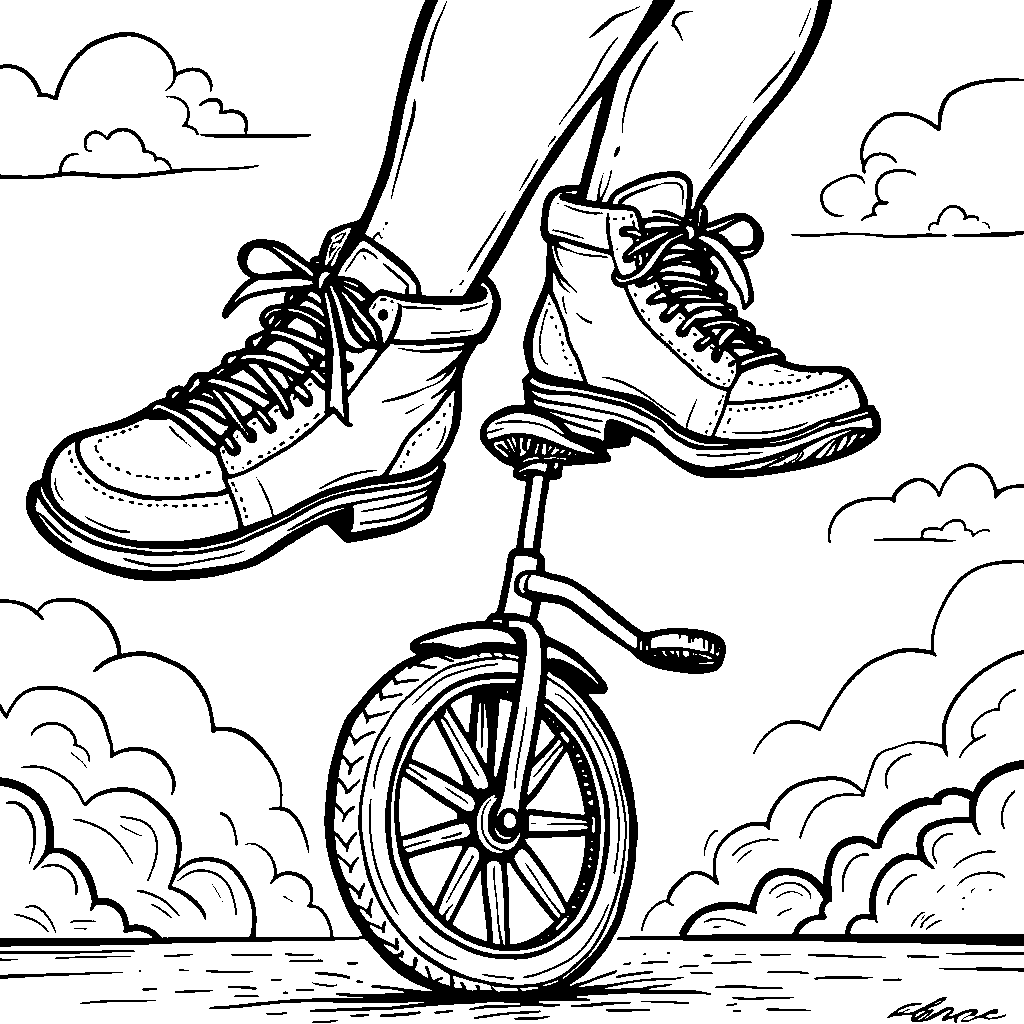 A pair of shoes riding a unicycle